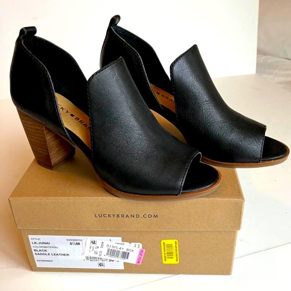 Lucky Brand black saddle leather open-toe heeled “shooties”